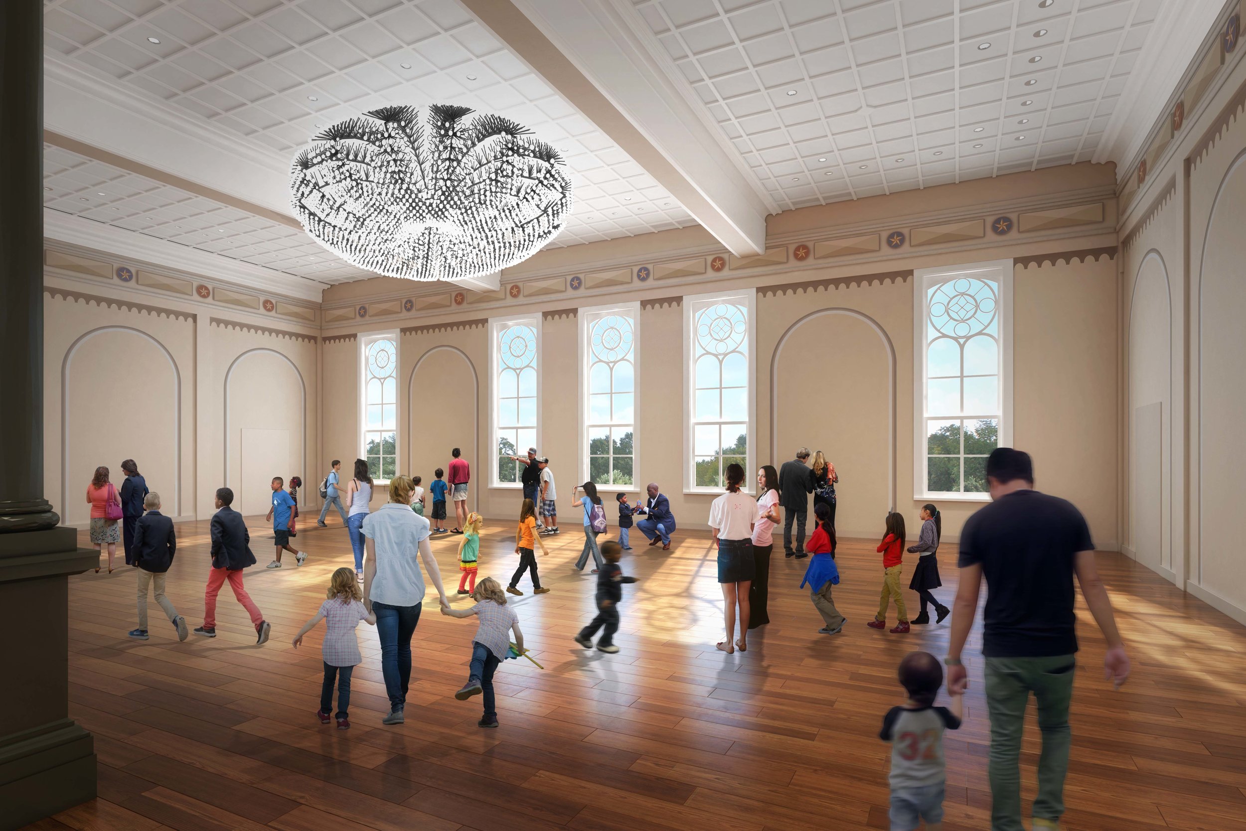 The globe acts as a chandelier, converting the Great Hall into a flexible space for events and programs.