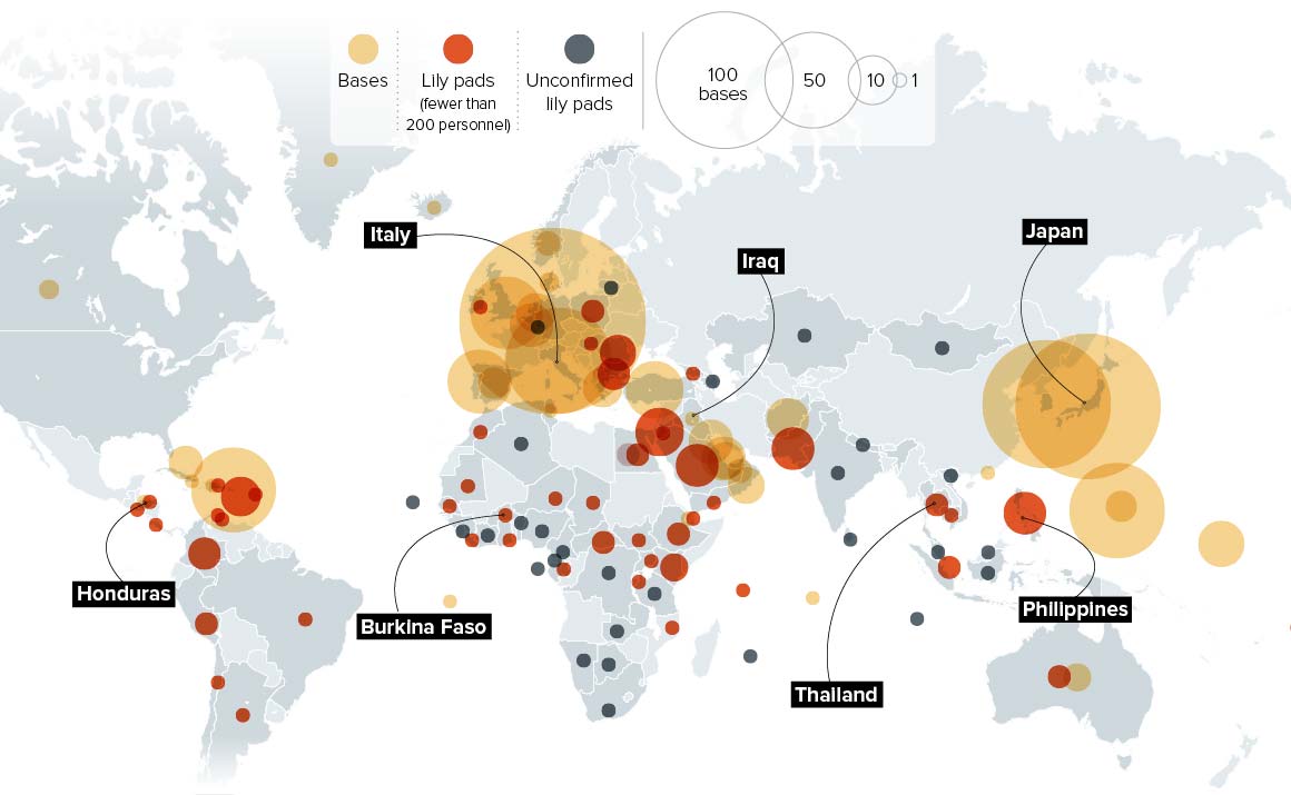 Graphic from a 2015 Politico article showing the concentration of US military bases abroad.