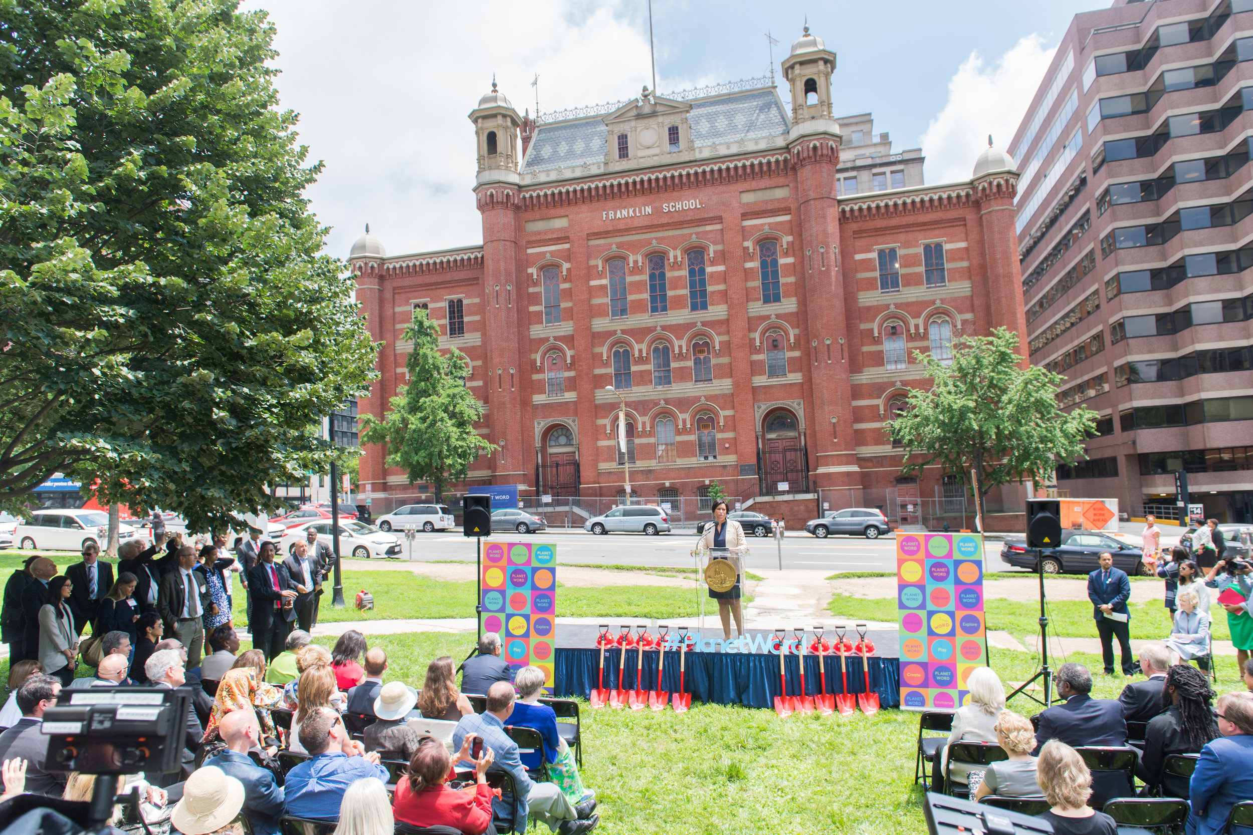 Mayor Muriel Bowser addresses the crowd at Planet Word's groundbreaking ceremony.