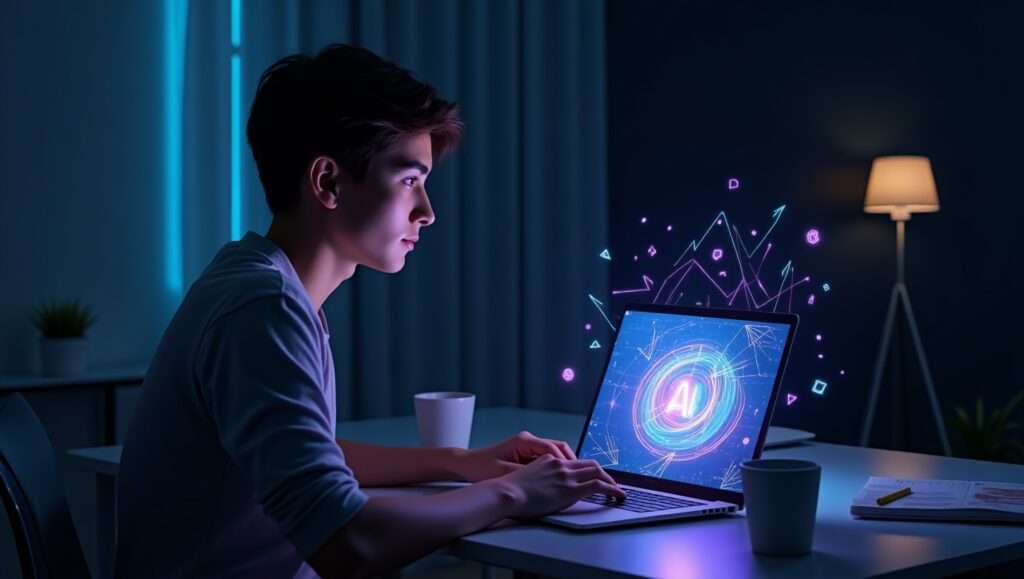 Person working on a laptop with AI graphics around