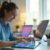 Young entrepreneur planning digital business with AI icons