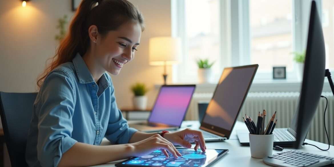 Young entrepreneur planning digital business with AI icons