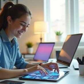 Young entrepreneur planning digital business with AI icons