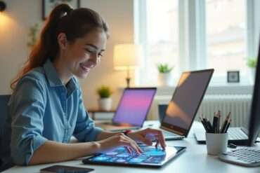 Young entrepreneur planning digital business with AI icons