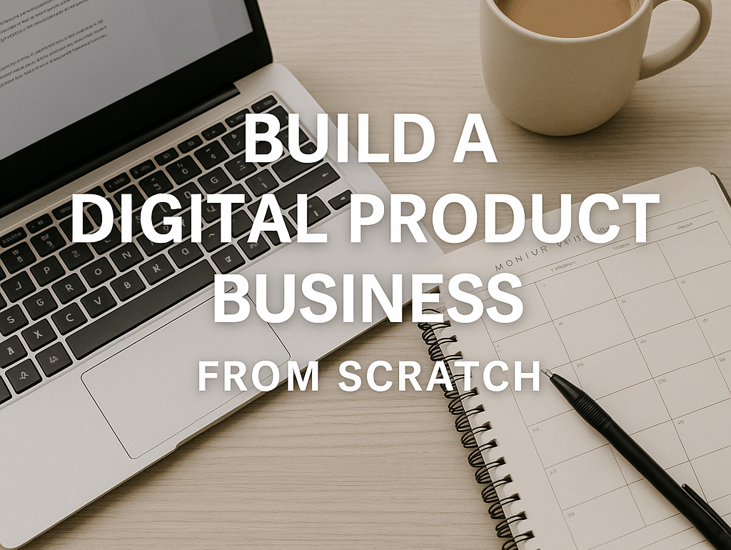 build a digital product business from scratch – digital workspace with a laptop and planner