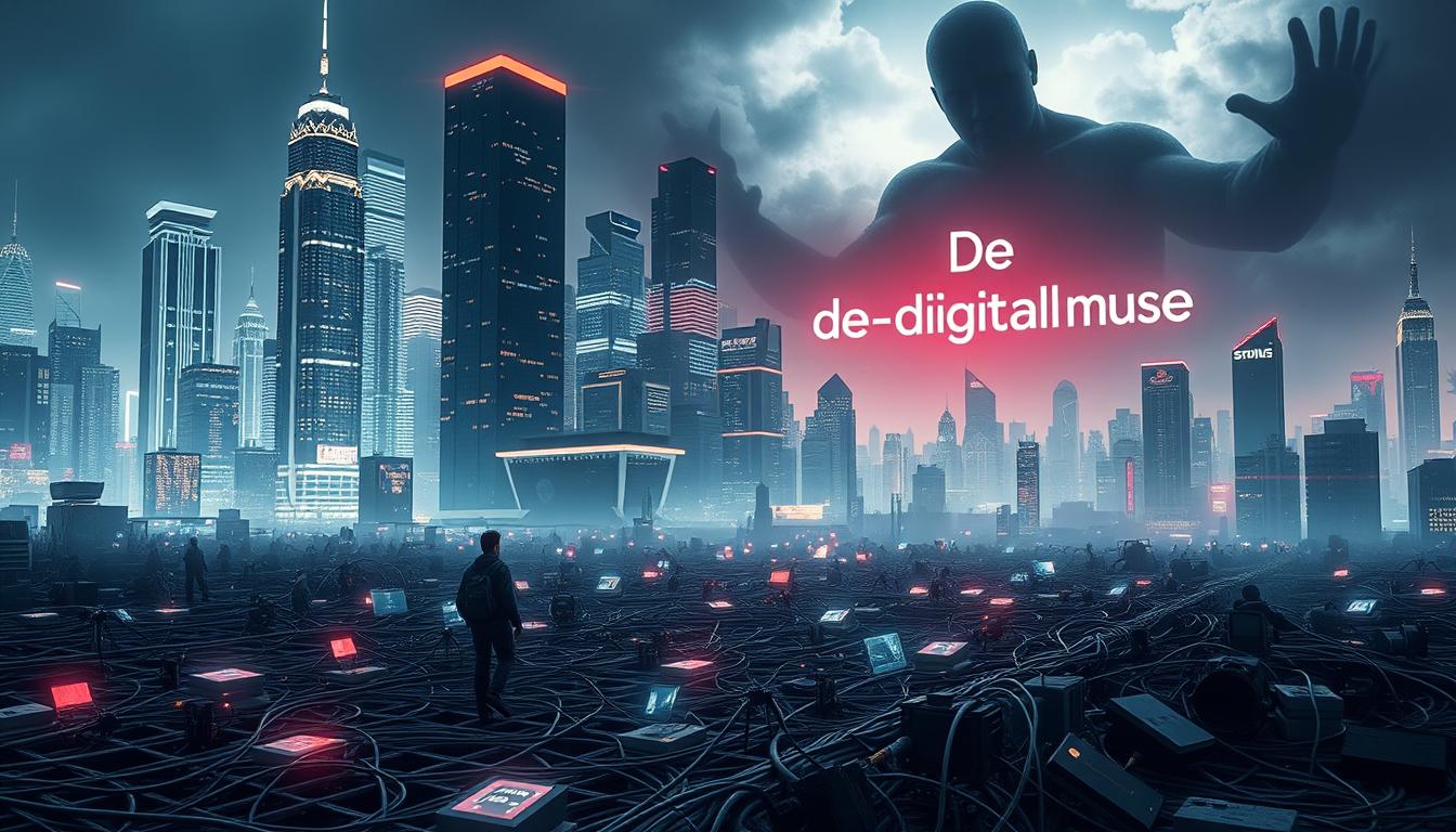 A bustling cityscape with towering skyscrapers, representing the fast-paced world of AI side hustles. In the foreground, a lone figure navigates a maze of complex code, surrounded by a swirl of data streams and glowing holographic interfaces. The middle ground features a tangle of cables, half-built prototypes, and discarded tech, symbolizing the challenges of managing multiple projects simultaneously. In the background, a looming shadow of uncertainty casts a foreboding gloom, as the &amp;amp;amp;quot;De digital muse&amp;amp;amp;quot; logo flickers ominously, hinting at the unpredictable nature of the AI industry. The overall atmosphere conveys the sense of overwhelming obstacles and the need for resilience in the face of AI side hustle endeavors.