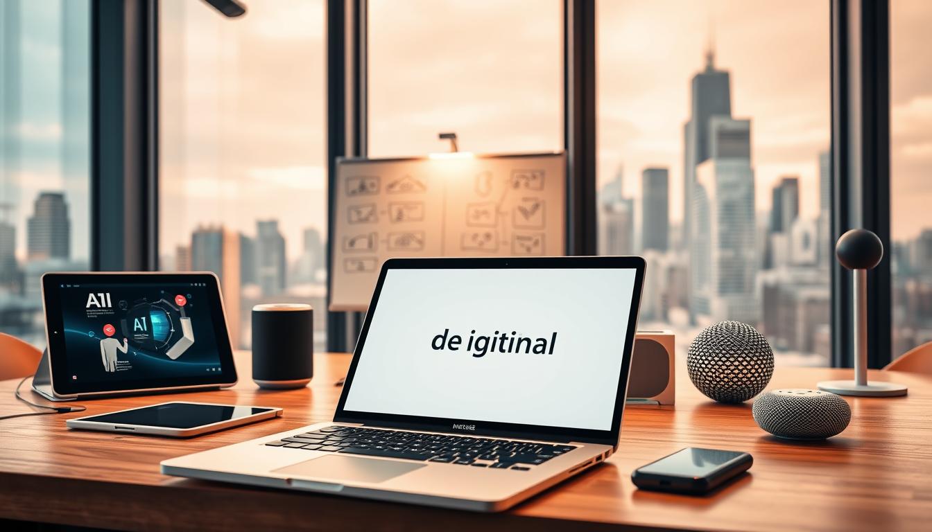 A vibrant, modern workspace with various AI tools for entrepreneurs. In the foreground, a sleek, silver laptop displays a &amp;amp;amp;quot;De digital muse&amp;amp;amp;quot; logo, surrounded by a digital tablet, a smart speaker, and a 3D-printed object. In the middle ground, a whiteboard showcases AI-generated diagrams and concepts. The background features large windows overlooking a bustling city skyline, with warm, diffused lighting casting a productive, yet inspirational atmosphere. The scene conveys a sense of innovation, technology, and the potential for AI-powered entrepreneurial success.