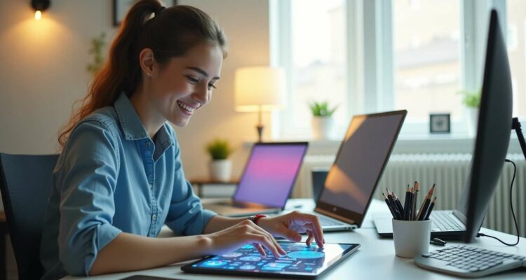 Young entrepreneur planning digital business with AI icons