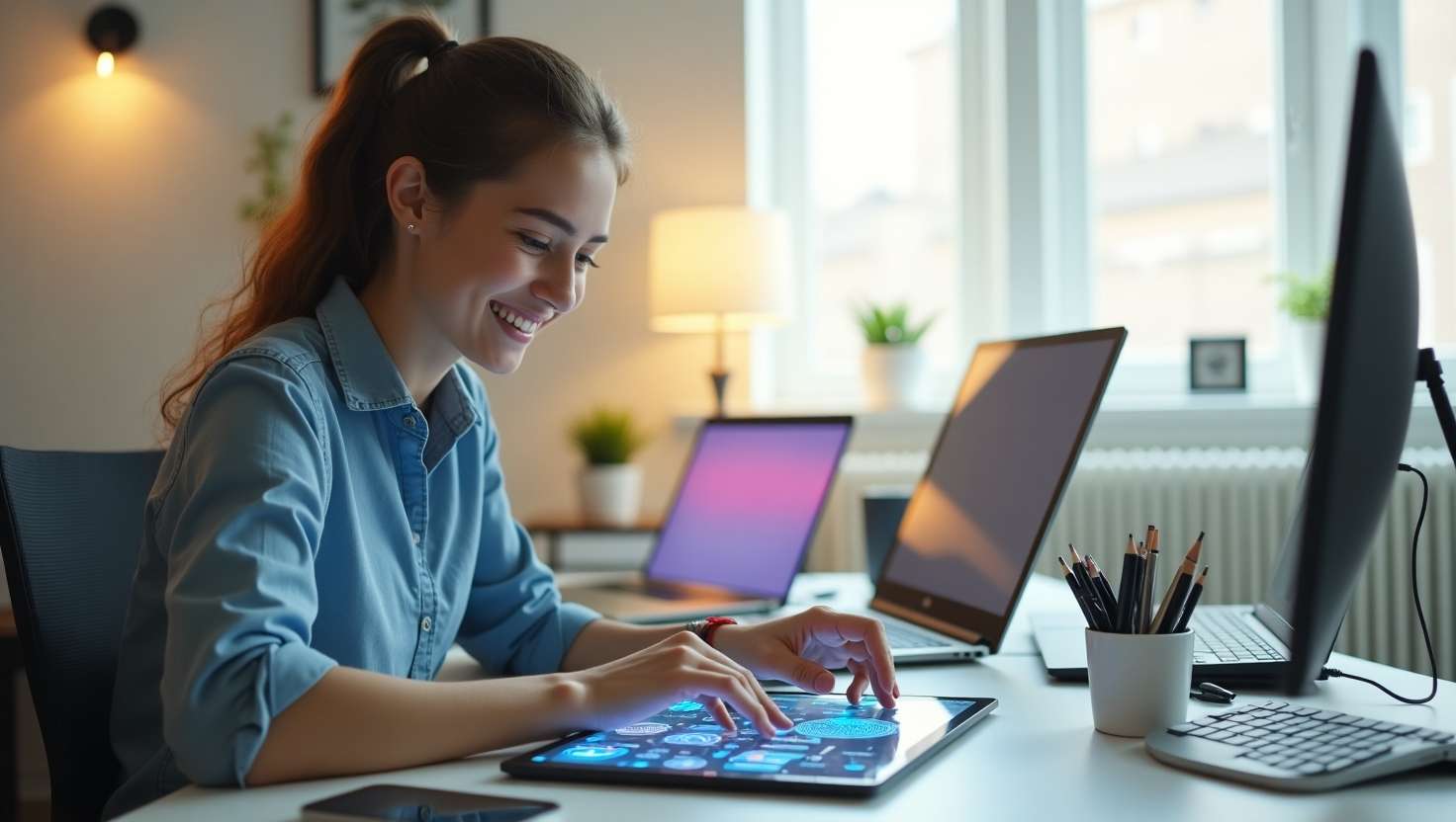 Young entrepreneur planning digital business with AI icons